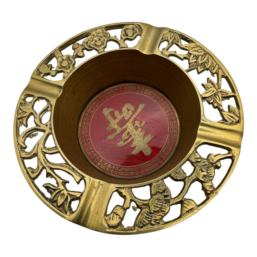 Vintage Brass Chinese‎ Ashtray 4.75” Red Enamel Longevity Symbol Ornate